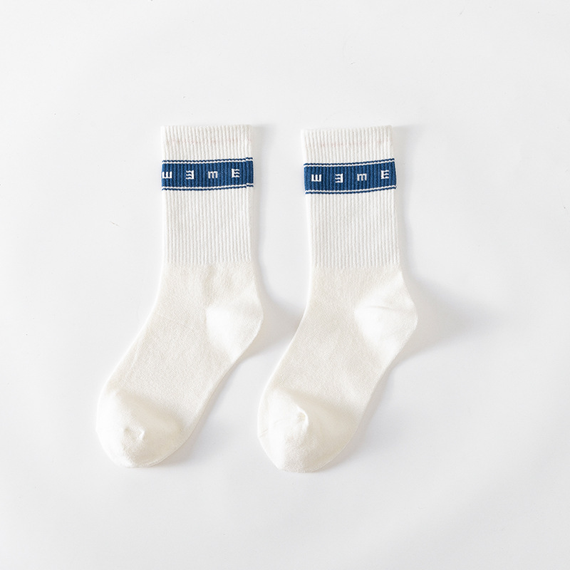 Hip-hop Men And Women Hit The Color Blue Socks Milk White Letters Socks College Wind Wild Cotton Socks